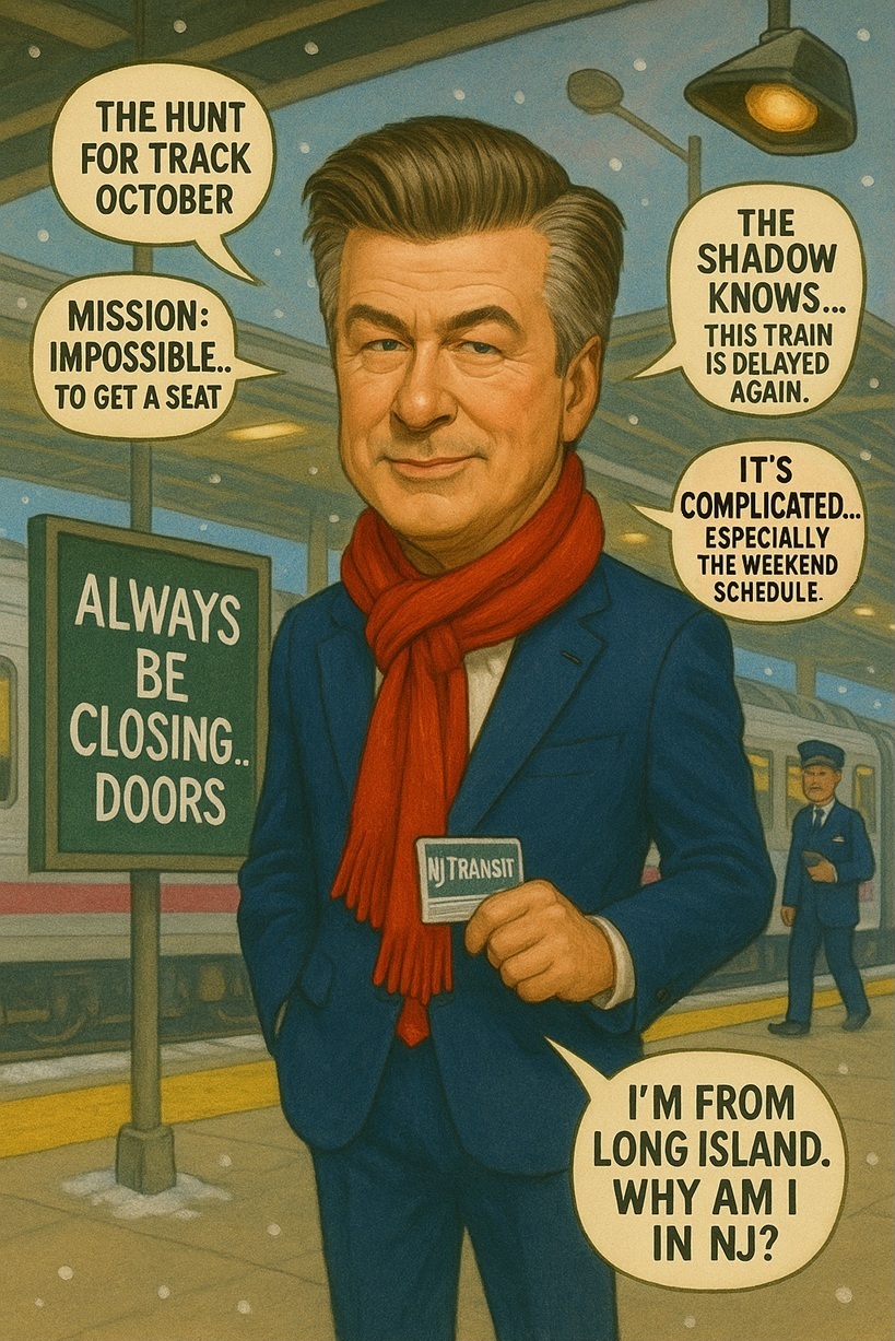 Cover Alec Baldwin Caricature On A NJ Transit Train Platform.